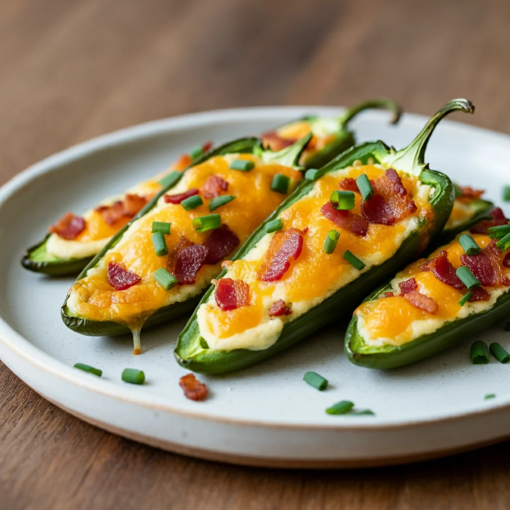 Keto Jalapeño Poppers
Mobile photo of baked Keto Jalapeño Poppers on a white plate, topped with cheese, bacon, and chives, on a wooden table.