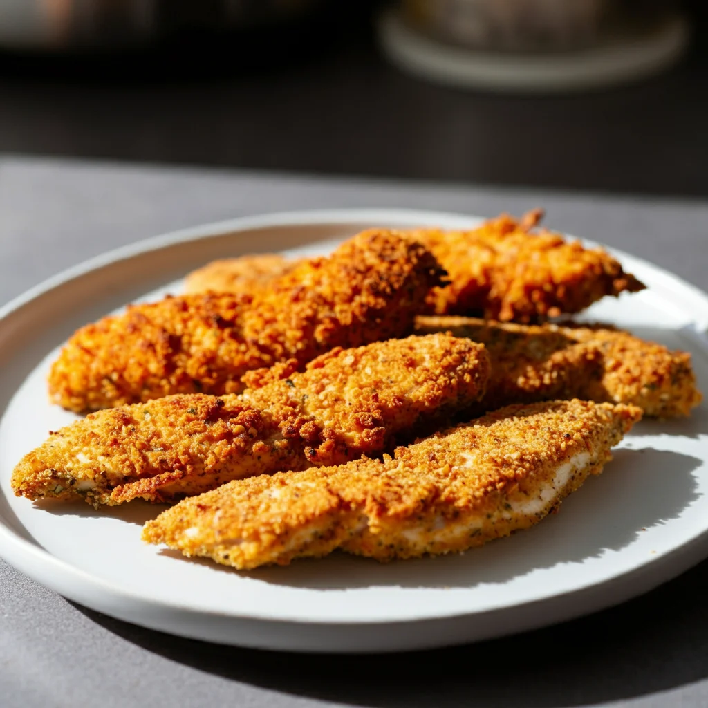 Keto Air Fryer Naked Chicken Tenders Close-up of crispy keto chicken tenders on a white plate, captured at an off-center angle with natural lighting, showing a casual kitchen setting."