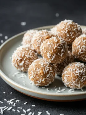 Peanut Butter Balls (Low Carb) Peanut butter balls coated in coconut on a ceramic plate, taken from a hand-held mobile.