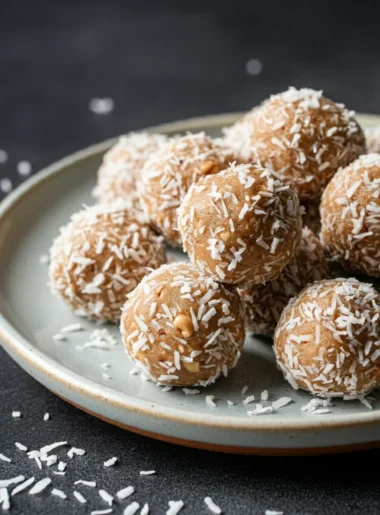 Peanut Butter Balls (Low Carb) Peanut butter balls coated in coconut on a ceramic plate, taken from a hand-held mobile.