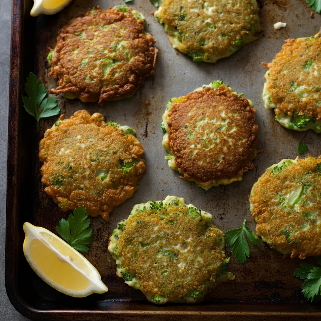 Baked Broccoli-Cheese Fritters Handheld photo of golden-brown Broccoli-Cheese Fritters on a baking sheet, garnished with lemon wedges and parsley.