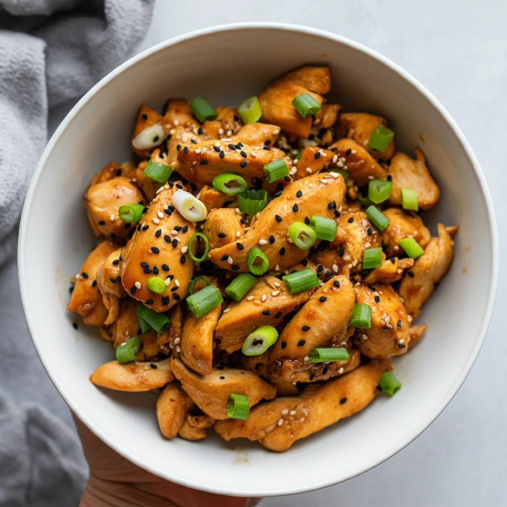 Keto Hawaiian Style Teriyaki Chicken Casual mobile photo of Keto Teriyaki Chicken in a white bowl, topped with green onions and sesame seeds, with natural lighting and soft shadows.