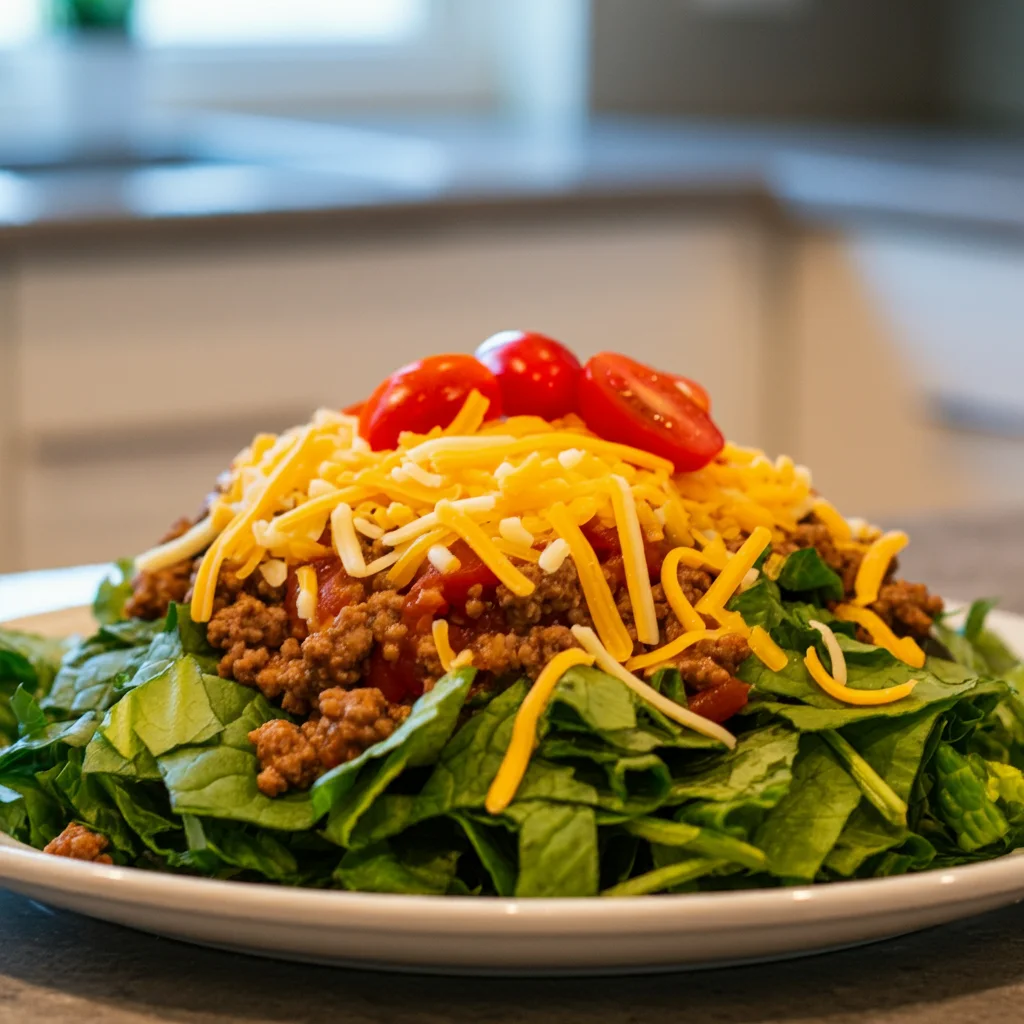 Keto Taco Salad Casual mobile shot of Keto Taco Salad in a colorful bowl with taco meat, avocado, and cheese