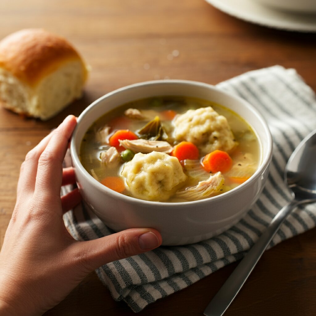 WW Chicken and Dumpling Soup Side-angle photo of chicken and dumpling soup in a pot with a spoon inside, capturing a cozy kitchen setting.