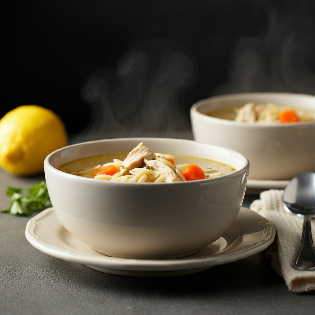 WW Chicken Orzo Soup Recipe Side-angle shot of WW Chicken Orzo Soup with steam rising, showcasing orzo, chicken, and vegetables on a casual dining table.