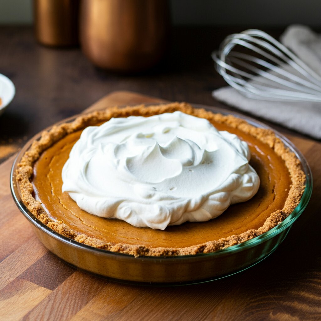 1 Point Crustless Pumpkin Pie Overhead view of a crustless pumpkin pie with whipped cream, in a glass dish on a wooden table.