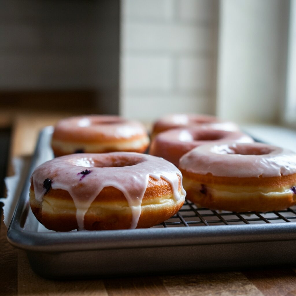 Lemon Blueberry Donuts – 1 WW SmartPoint Recipe Stack of lemon blueberry donuts with glossy glaze on parchment paper in a cozy kitchen.