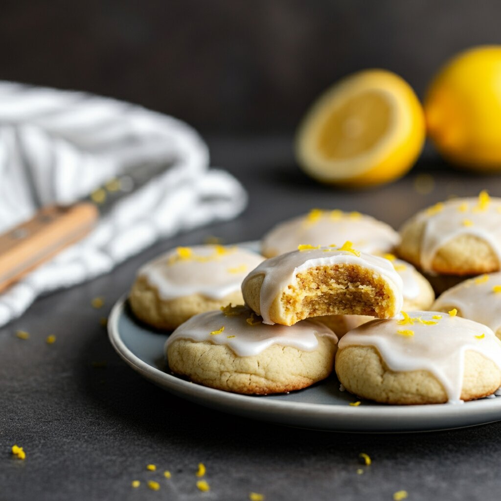 Keto Soft lemon cookies A side-angle shot of keto soft lemon cookies on a plate, captured by a novice. Some cookies are in focus, showcasing a bite taken out, with blurred background elements and warm natural light.