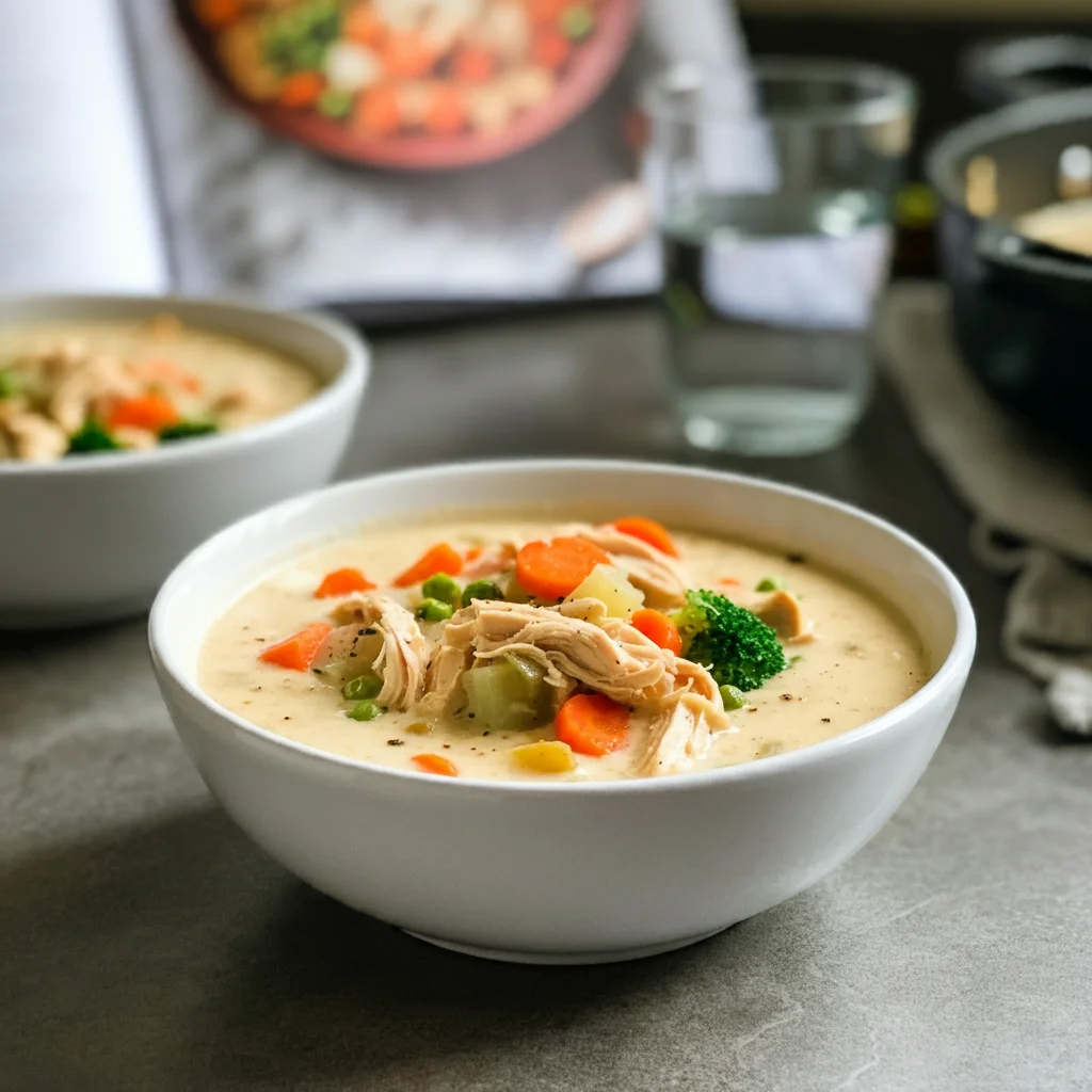 Keto Creamy Low-Carb Chicken Pot Pie Soup Recipe Side-angle shot of Keto Creamy Low-Carb Chicken Pot Pie Soup, focusing on creamy broth and chunky ingredients, with an open cookbook and glass of water in the background.