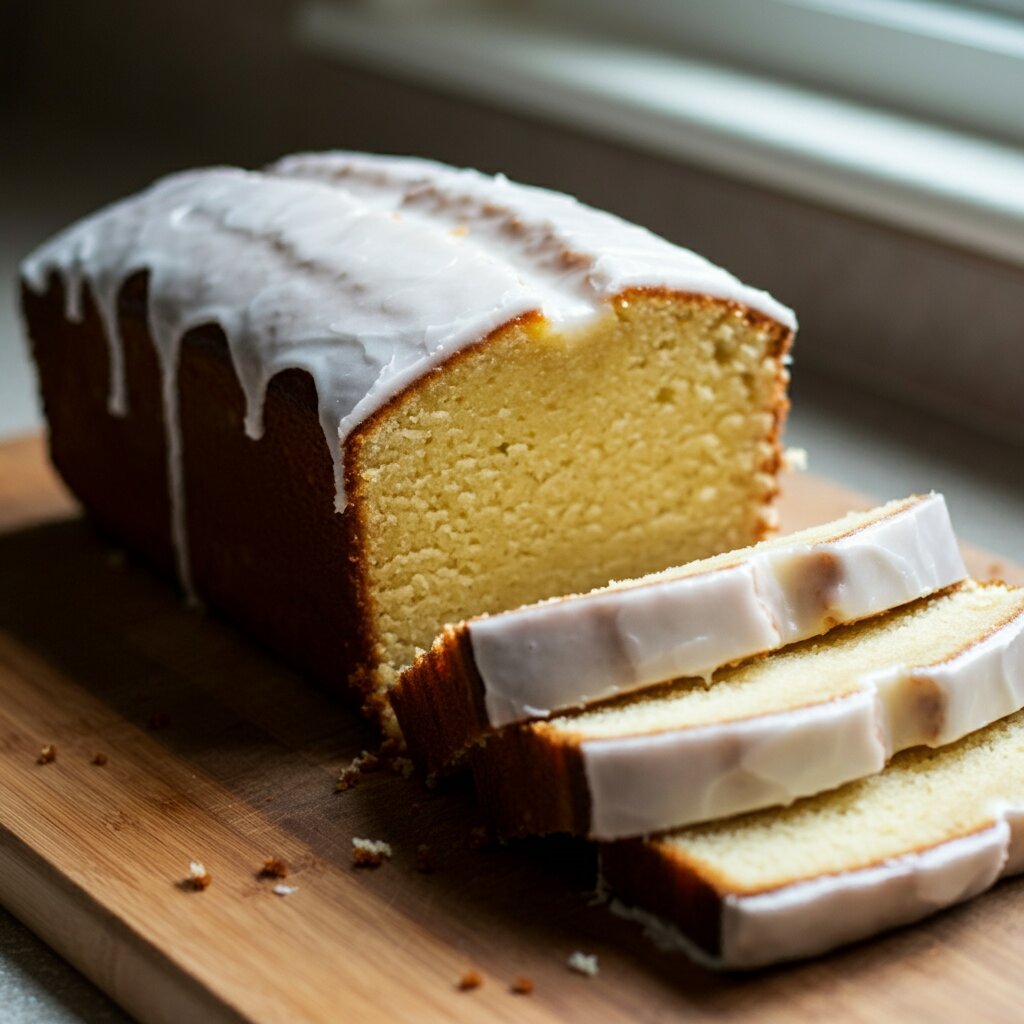 Keto Almond Milk Castella Cake Low-angle handheld photo of a pound cake with smooth white icing, a few crumbs on the board, and a softly blurred, sunlit kitchen background.