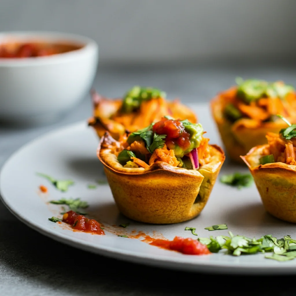 Keto Zesty Chili Lime Taco Cups Overhead shot of Keto Zesty Chili Lime Taco Cups, some cropped out, with one flipped over and a salsa stain on the plate.