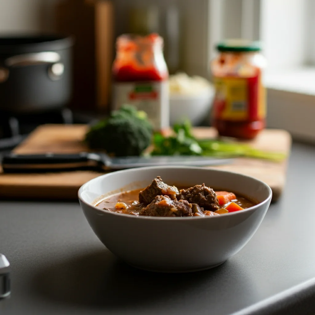 Keto Beef Stew Zoomed-out photo of keto beef stew with steam rising, showing a wider view of the kitchen counter with a cutting board and tomato paste jar in warm light.