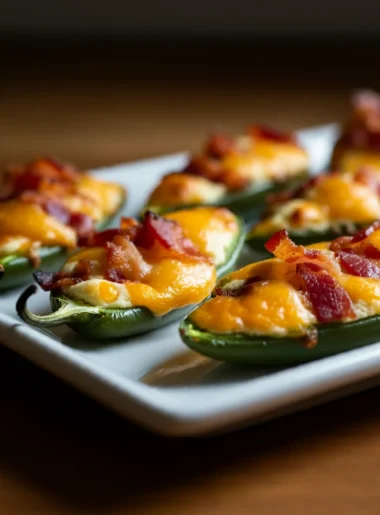 Keto Jalapeño Poppers Angled photo of Keto Jalapeño Poppers on a white plate, showing melted cheese and bacon against a wooden background.