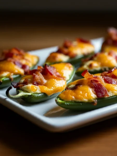 Keto Jalapeño Poppers Angled photo of Keto Jalapeño Poppers on a white plate, showing melted cheese and bacon against a wooden background.