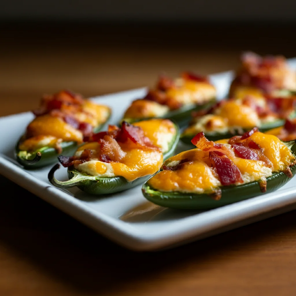 Keto Jalapeño Poppers Angled photo of Keto Jalapeño Poppers on a white plate, showing melted cheese and bacon against a wooden background.