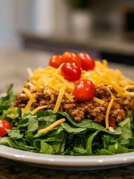 Keto Taco Salad Angled shot of Keto Taco Salad showing greens, taco meat, cheese, and tomatoes.