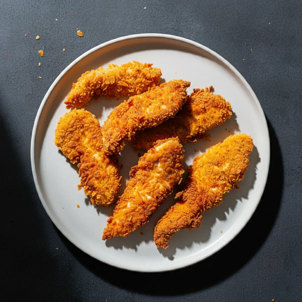 Keto Air Fryer Naked Chicken Tenders Overhead shot of keto chicken tenders on a white plate, with crumbs on the table and soft natural lighting from a handheld phone perspective."