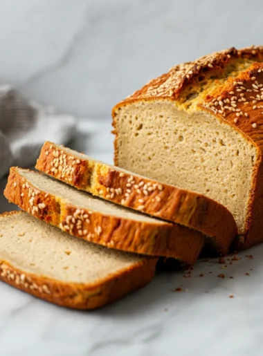 Keto Sweetened Condensed Milk Bread Keto Sweetened Condensed Milk Bread on a marble countertop with sliced pieces beside it.