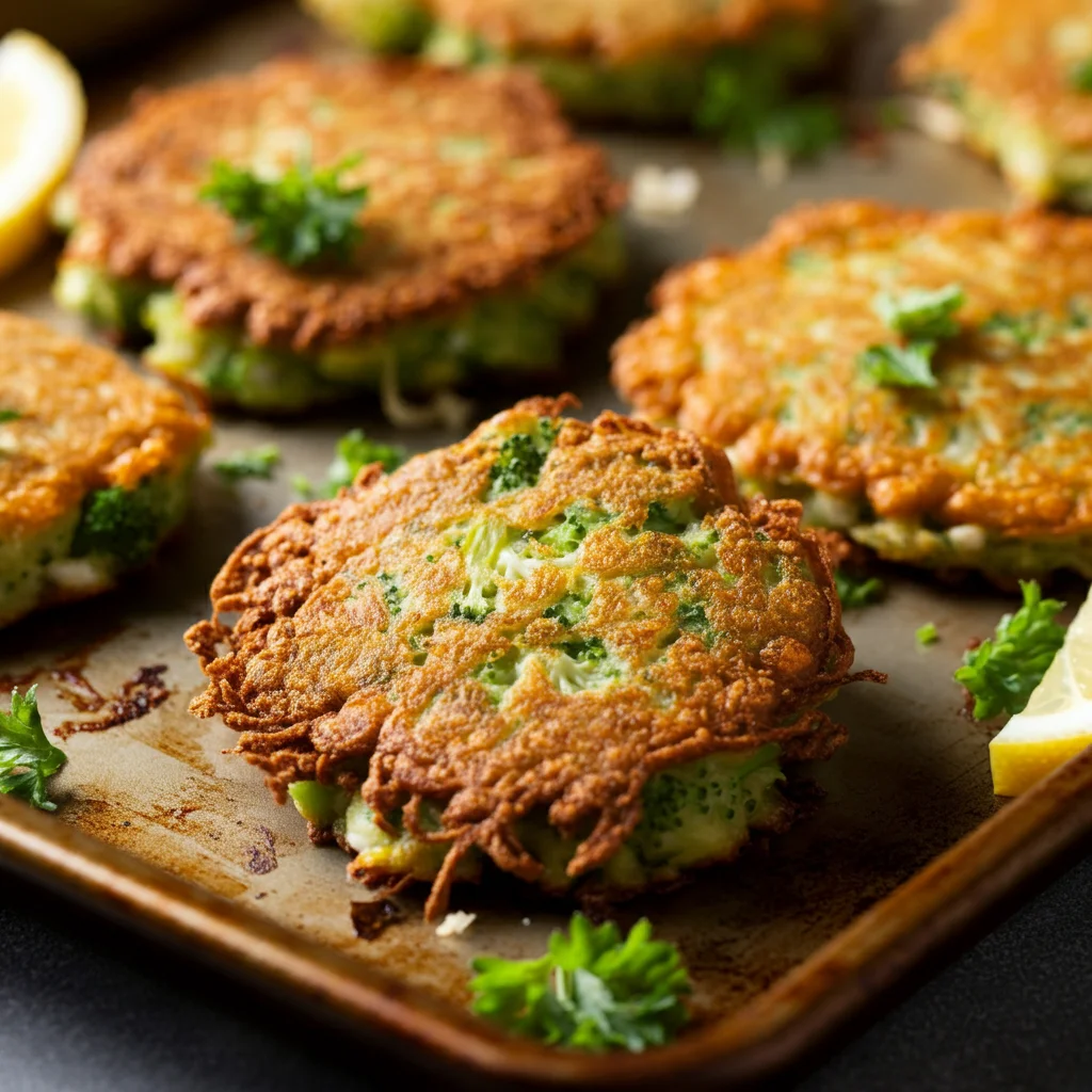 Baked Broccoli-Cheese Fritters Side-angle close-up of crispy Broccoli-Cheese Fritters with visible broccoli and cheese, garnished with parsley and lemon.