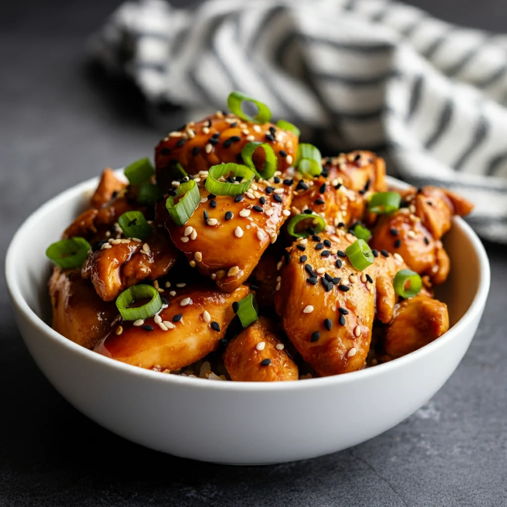 Keto Hawaiian Style Teriyaki Chicken Side-angle handheld shot of Keto Teriyaki Chicken in a white bowl, garnished with green onions and sesame seeds, with soft natural lighting.