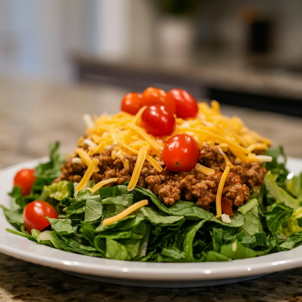 Keto Taco Salad Angled shot of Keto Taco Salad showing greens, taco meat, cheese, and tomatoes.