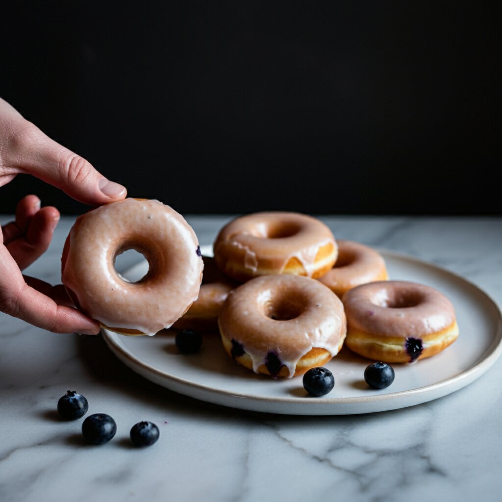 Lemon Blueberry Donuts – 1 WW SmartPoint Recipe Hand holding a glazed lemon blueberry donut, with more donuts on a ceramic plate in the background.