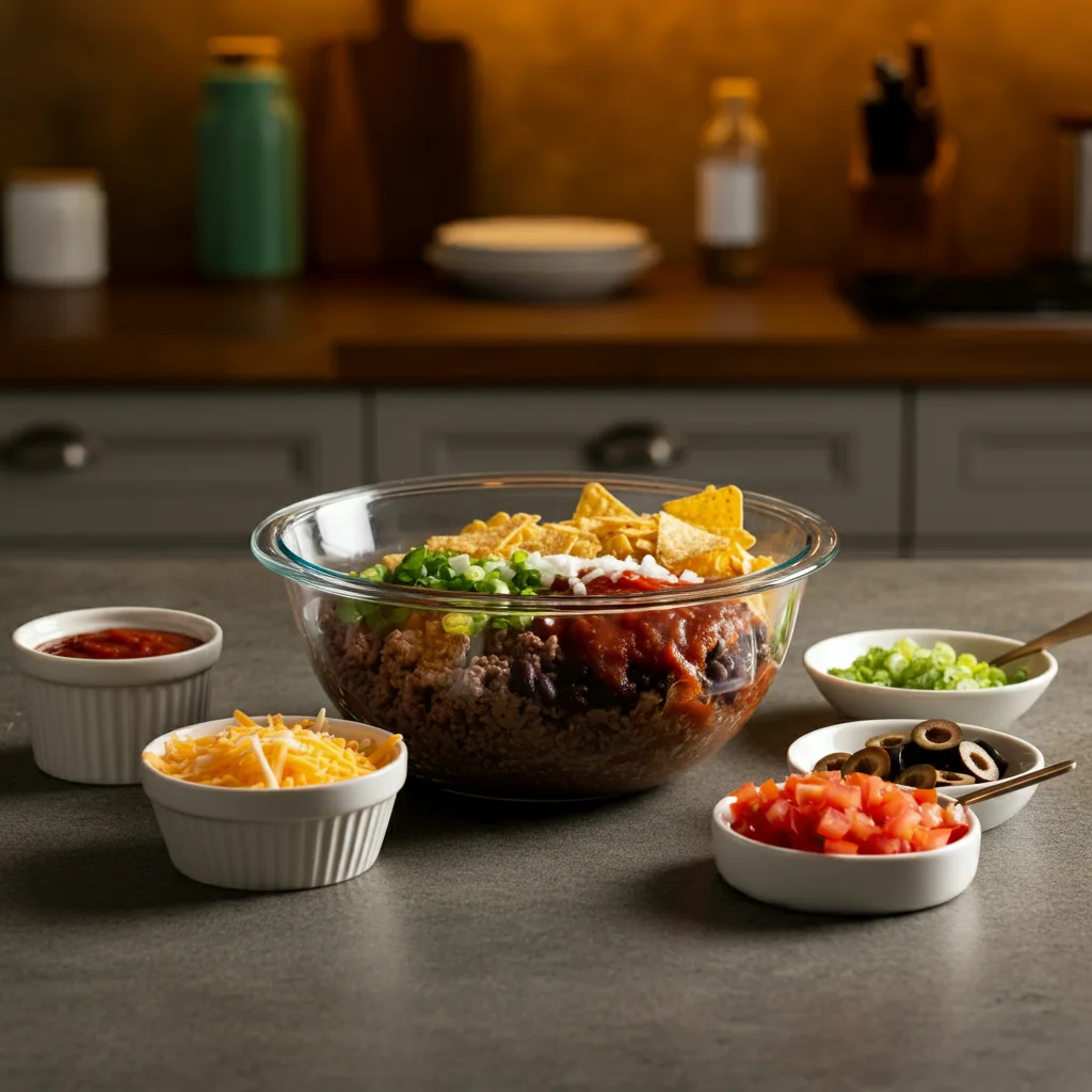 WW Taco Bake Casserole Ingredients for Taco Bake Casserole including ground beef, salsa, tortilla chips, cheese, and other toppings arranged in small glass bowls on a kitchen counter.