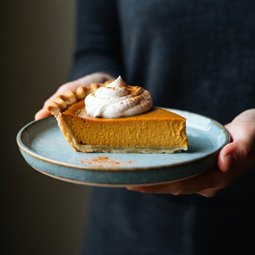 1 Point Crustless Pumpkin Pie Hand holding a slice of crustless pumpkin pie with whipped cream on a ceramic plate, with a blurred background.