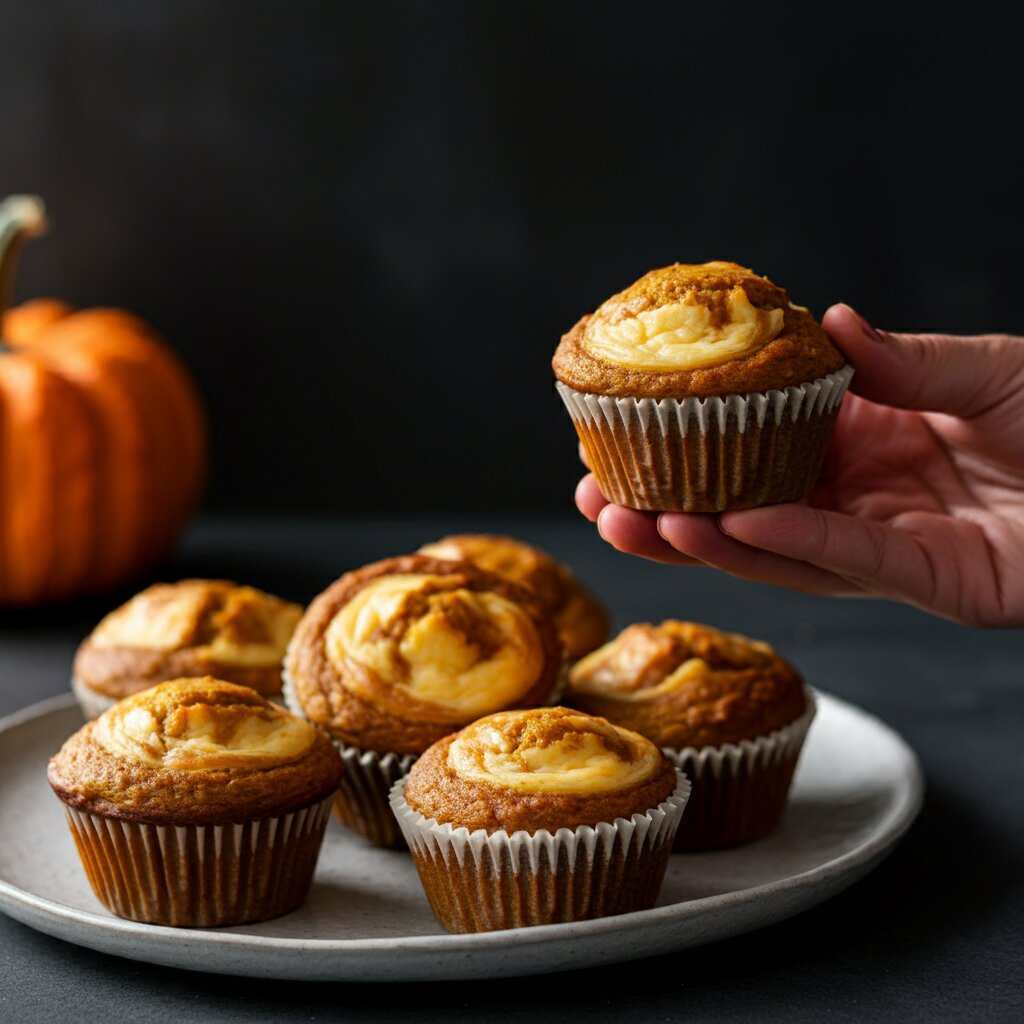 Pumpkin Cream Cheese Muffins Hand holding a pumpkin cream cheese muffin, with more muffins on a ceramic plate in the background.