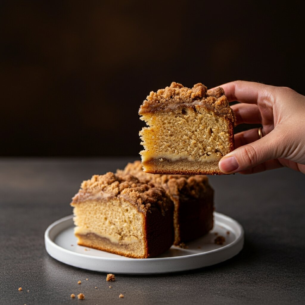 Lightened Up Coffee Cake A hand holding a slice of Lightened Up Coffee Cake, with more slices on a white plate in the background.