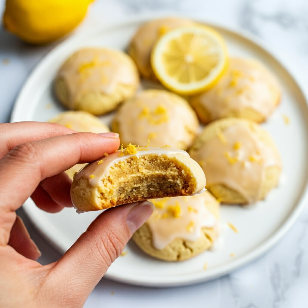 Keto Soft lemon cookies A professional shot of a hand holding a keto soft lemon cookie with a bite taken out, against a classy white plate of cookies on a marble surface, decorated with lemon zest and slices, illuminated by soft, bright light."