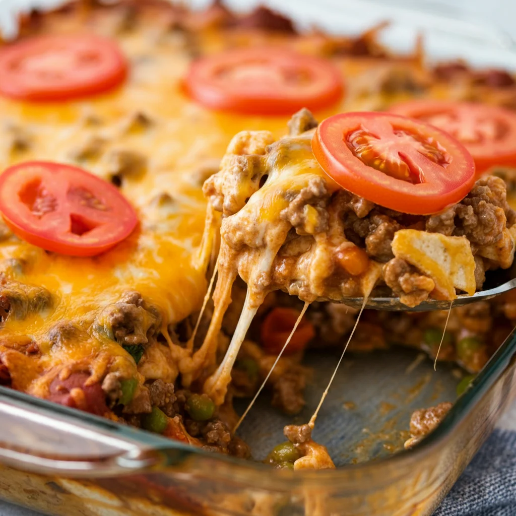 WW Taco Bake Casserole Angled view of Taco Bake Casserole being served with a spoon, showing layers of tortilla chips, ground beef, salsa, and cheese in the dish.