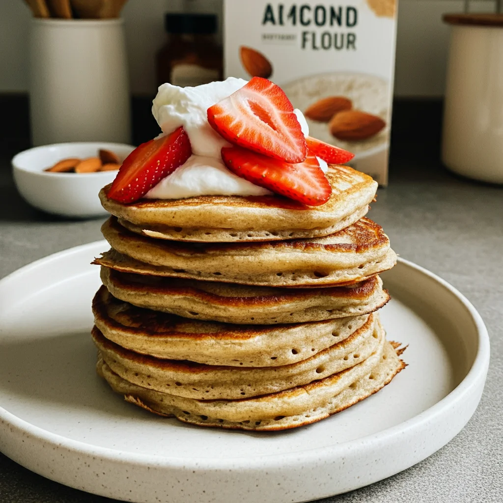 keto pancake   A glass bowl filled with keto pancake ingredients—almond flour, eggs, cream cheese, and keto milk—sits on a cozy kitchen countertop. Surrounding the bowl are small glass dishes holding each ingredient separately. In another image, a stack of golden keto pancakes topped with whipped cream and fresh strawberries, looks delicious, captured casually by a mobile camera. One shot shows a close-up of a hand lifting a pancake from the stack, highlighting its fluffy texture and rich, golden color, perfect for a keto breakfast.