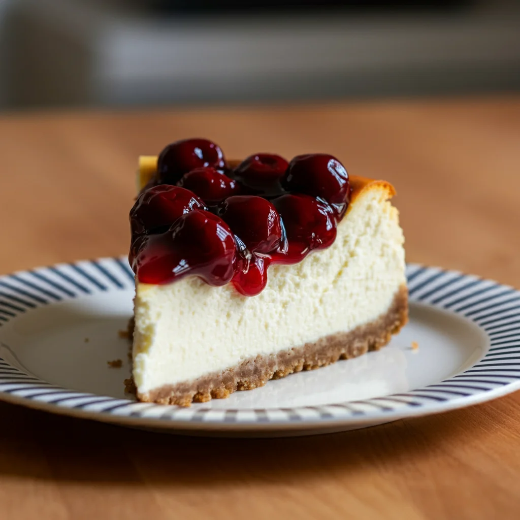 keto cheesecake with cherry pie filling  A slice of creamy keto cheesecake topped with vibrant, sugar-free cherry pie filling rests on a simple striped ceramic plate. The cheesecake has a golden almond flour crust and smooth, rich filling, with the cherry topping providing a pop of color and tangy sweetness. The photo is taken at a slight angle, showcasing the layers and textures of the dessert. The overall presentation is casual and inviting, giving the feel of a homemade, low-carb treat perfect for keto diets.