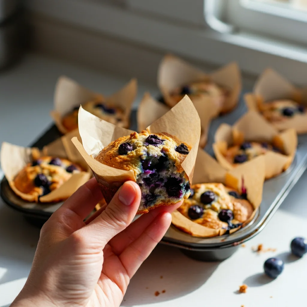 "Keto blueberry muffins made with almond flour, sitting on a plate with fresh blueberries scattered around, golden brown with a fluffy, moist texture."