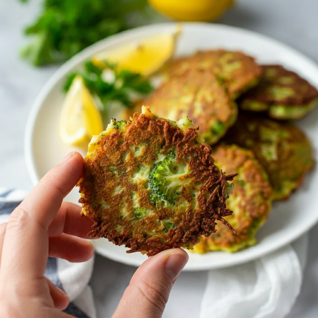 Baked Broccoli-Cheese Fritters A hand holding a Broccoli-Cheese Fritter with a plate of fritters, lemon wedges, and parsley in the background.