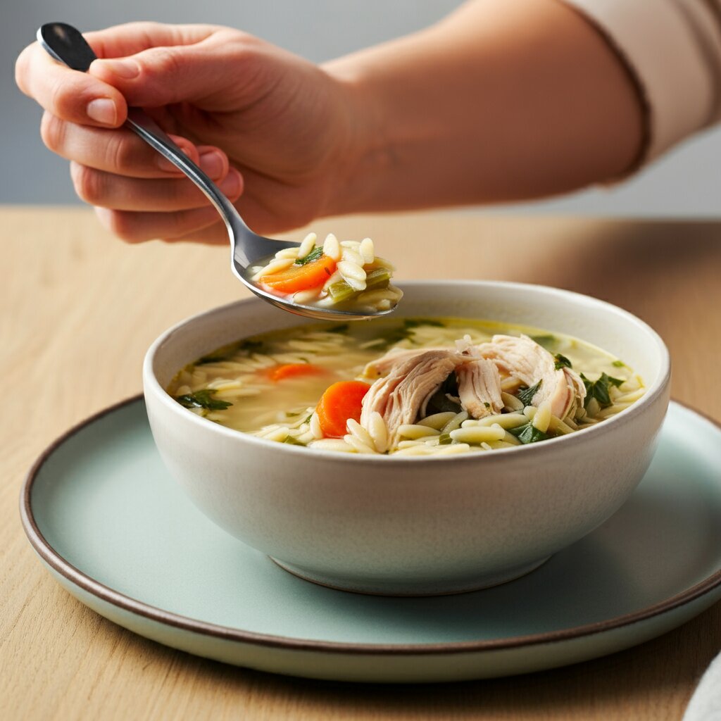 WW Chicken Orzo Soup Recipe Close-up of a hand lifting a spoon from a bowl of WW Chicken Orzo Soup, highlighting the broth, chicken, and orzo in a professional setting.