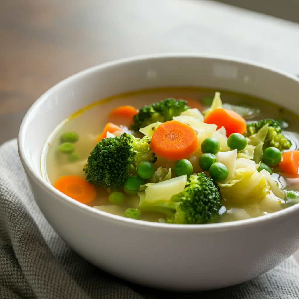 "A bright and colorful bowl of WW 0-point veggie soup filled with fresh, healthy vegetables like Brussels sprouts, broccoli, peas, cabbage, and carrots, all simmering in a light broth. The soup is captured in a cozy home kitchen setting, with natural sunlight highlighting the vibrant vegetables. This nutritious, low-calorie soup is perfect for Weight Watchers, offering a wholesome meal that’s both filling and guilt-free. The vegetables float in the broth, showcasing their tenderness and fresh quality. A hand holds the bowl in one image, giving it a casual, homemade feel, while another image captures the soup from a different angle, emphasizing the simplicity and comfort of this healthy dish."