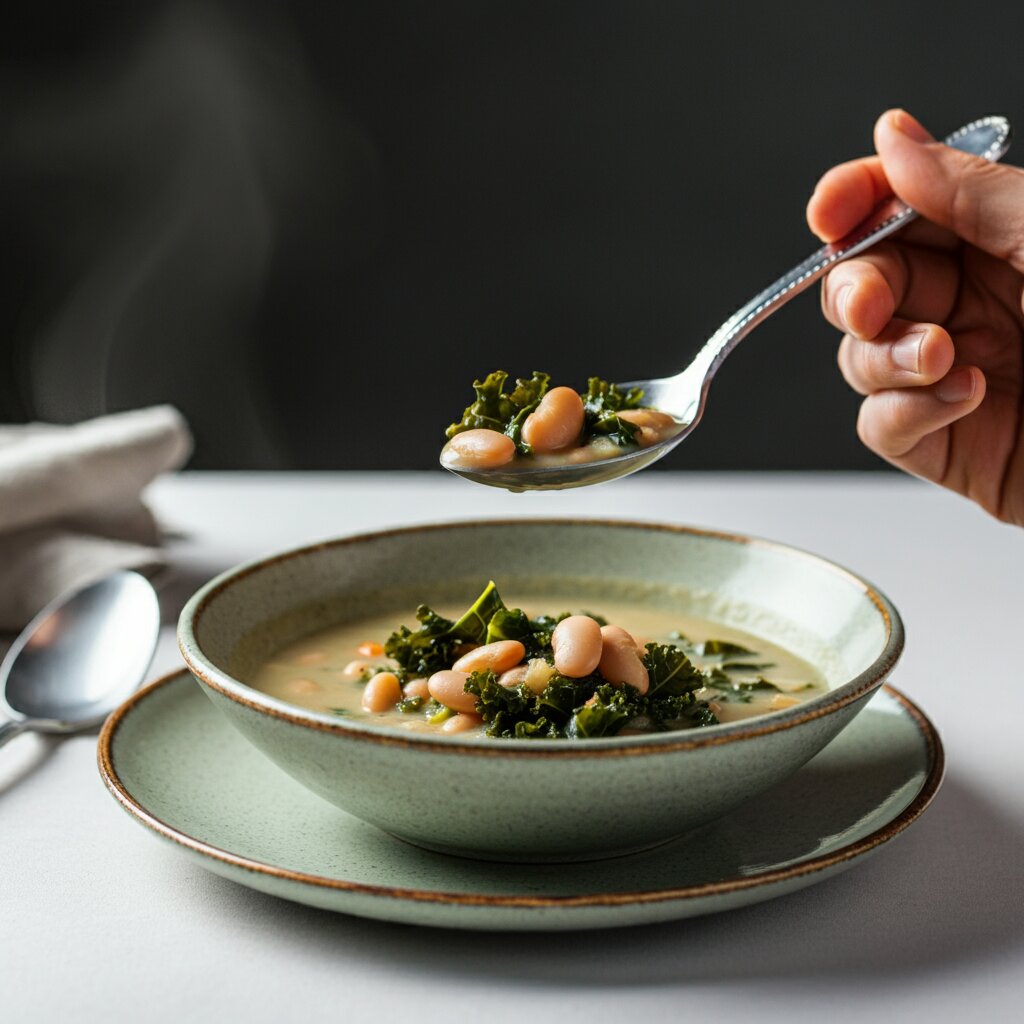 WW White Bean and Kale Soup Close-up of a hand holding a spoonful of white bean and kale soup over an elegant ceramic bowl, with soft lighting for a refined look.