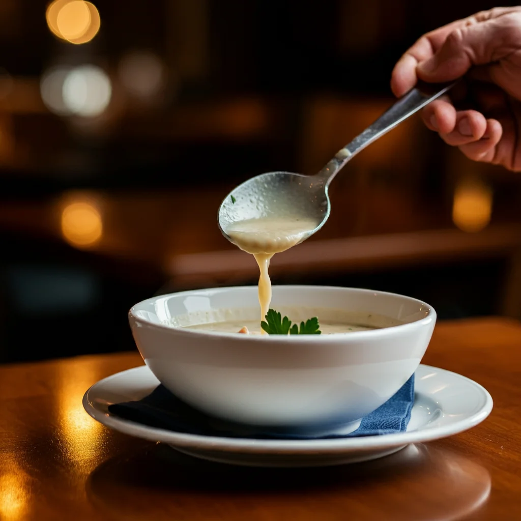 Keto Creamy Low-Carb Chicken Pot Pie Soup Recipe Close-up of a hand pouring creamy Keto Chicken Pot Pie Soup into a white bowl, with a parsley garnish and a blurred background highlighting the action