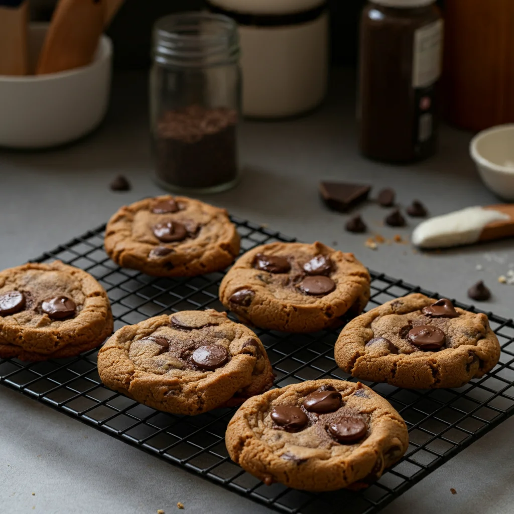 Freshly baked keto chocolate chip cookies on a cooling rack, captured in a casual, handheld mobile phone photo with a cozy kitchen background."