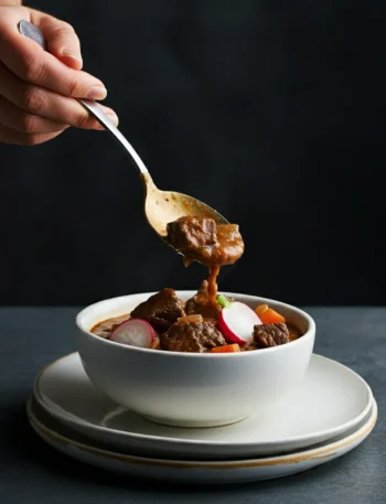 Keto Beef Stew Hand pouring keto beef stew from a silver spoon into a smaller bowl, with the main bowl on a white plate, emphasizing the thick stew's texture against a minimalist background.