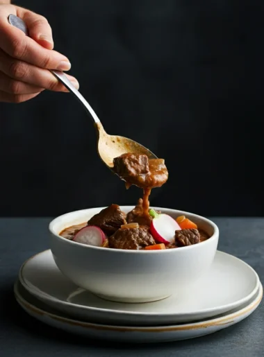 Keto Beef Stew Hand pouring keto beef stew from a silver spoon into a smaller bowl, with the main bowl on a white plate, emphasizing the thick stew's texture against a minimalist background.