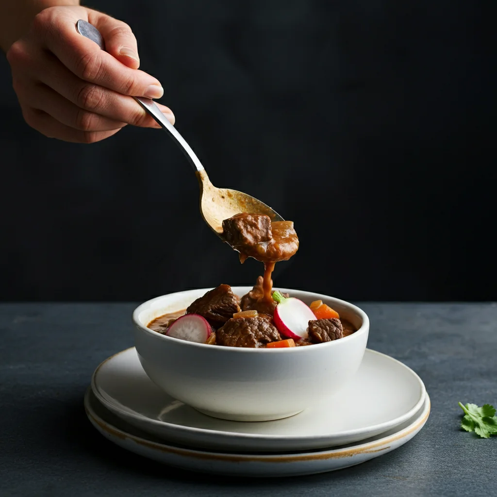 Keto Beef Stew Hand pouring keto beef stew from a silver spoon into a smaller bowl, with the main bowl on a white plate, emphasizing the thick stew's texture against a minimalist background.