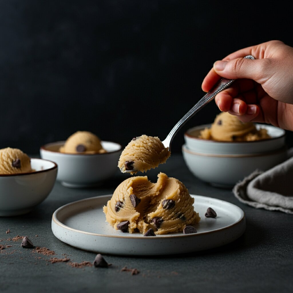 3 Points WW Cookie Dough Dip Hand holding a gooey ball of cookie dough with chocolate chips, elegant plate of dough balls in the background, clean kitchen setting with soft lighting.