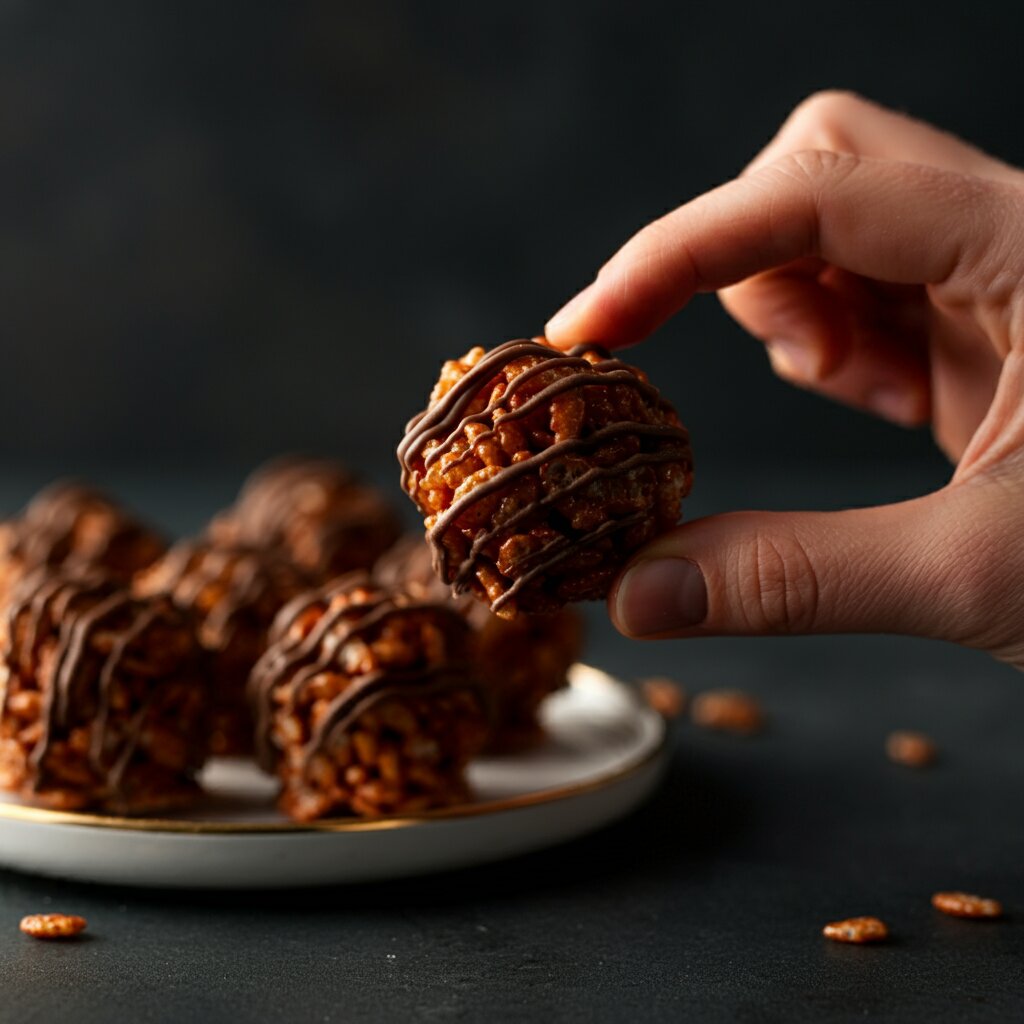 WW Chocolate Rice Krispie Balls Recipe Close-up of a hand holding a WW Chocolate Rice Krispie Ball, with more balls on a blurred plate in the background, shot in soft, professional lighting.