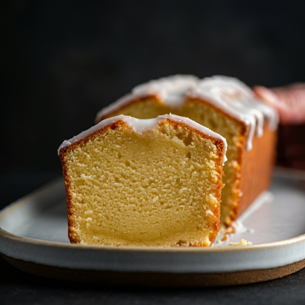 Keto Almond Milk Castella Cake Hand holding a cake slice and the remaining cake on a white ceramic plate on a marble countertop in a minimalist kitchen setting.