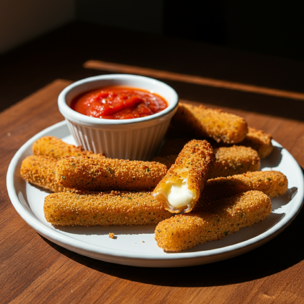 "Golden, crispy keto mozzarella sticks on a white plate with marinara sauce. A hand holds one stick with gooey, melted cheese stretching from a bite. The background features a clean kitchen setting, showing the casual, homemade snack in natural lighting."