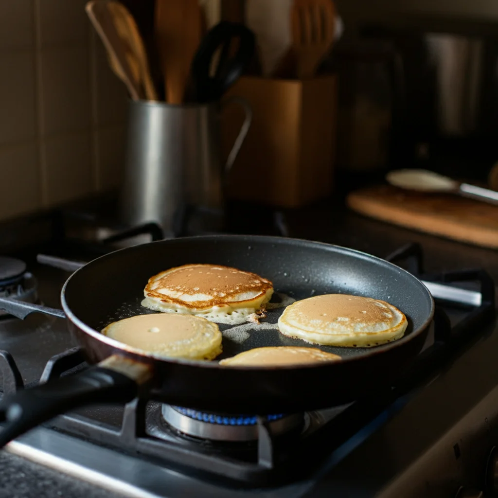 A handheld mobile photo of golden brown Weight Watchers 0-Point Protein Pancakes stacked on a white plate, drizzled with sugar-free syrup and garnished with fresh berries. The photo is slightly tilted, taken in a casual kitchen setting with natural lighting.