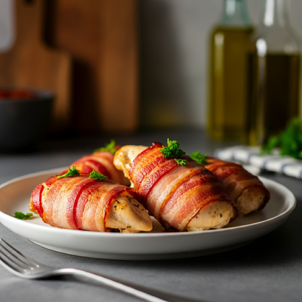 Bacon-wrapped chicken breasts A glass bowl filled with raw chicken breast, uncooked bacon strips, shredded cheddar cheese, and cream cheese cubes on a wooden countertop, surrounded by small bowls with seasonings like garlic powder, salt, and pepper.